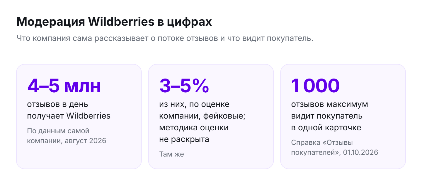 Модерация отзывов на Wildberries в цифрах: 4–5 млн отзывов в день, не меньше 3–5% фейковых, больше 20 моделей, до 1 000 отзывов в карточке